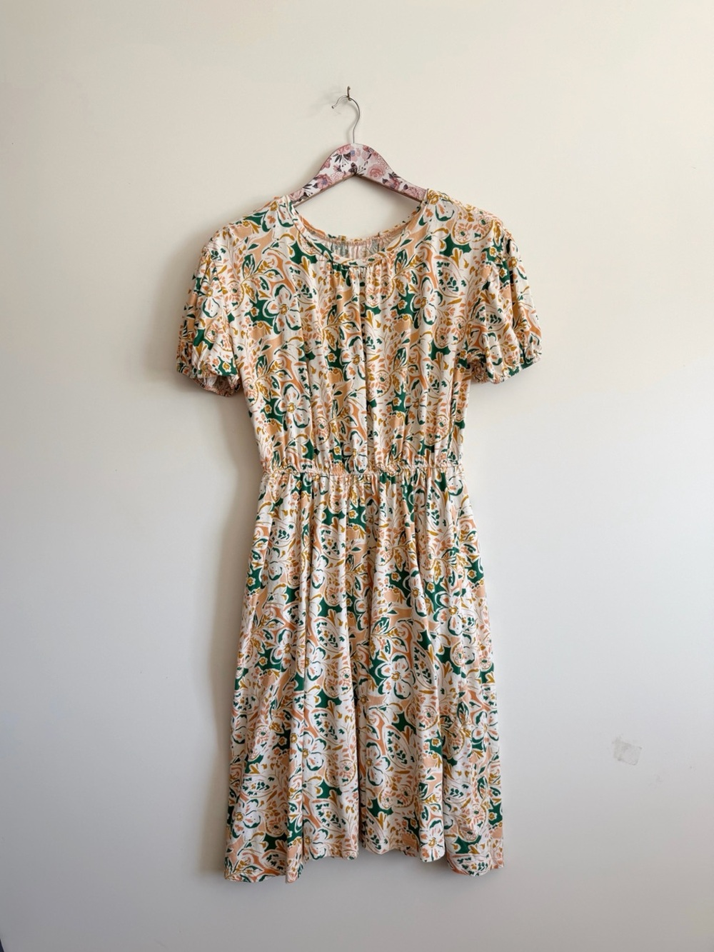 DOWNEAST Green Gold Pink Puff Short Sleeve Pocket Dress Medium